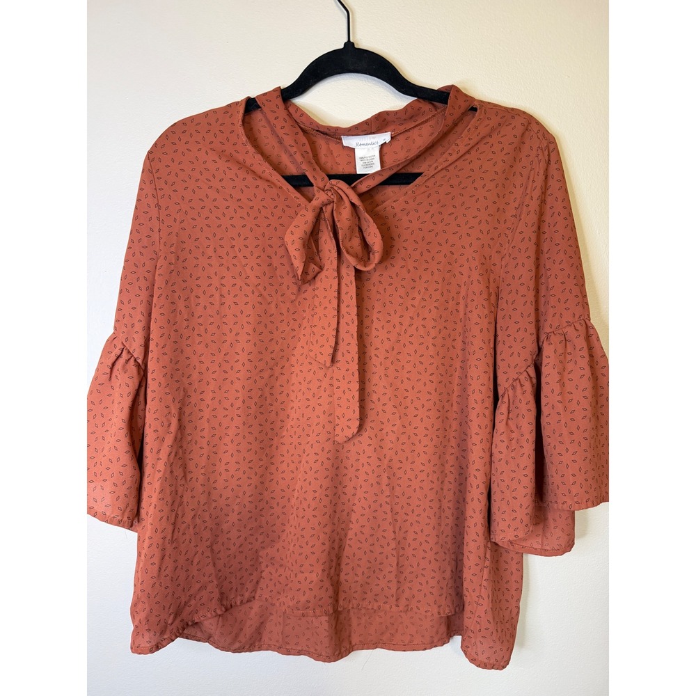 Urban Romantics Rust Orange Tie Neck Bell Sleeve Geometric Print Blouse Medium
